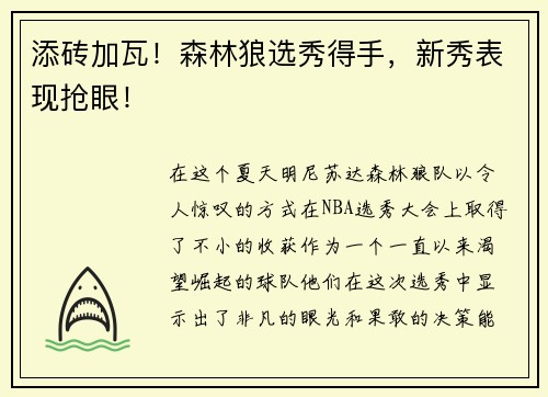 添砖加瓦！森林狼选秀得手，新秀表现抢眼！